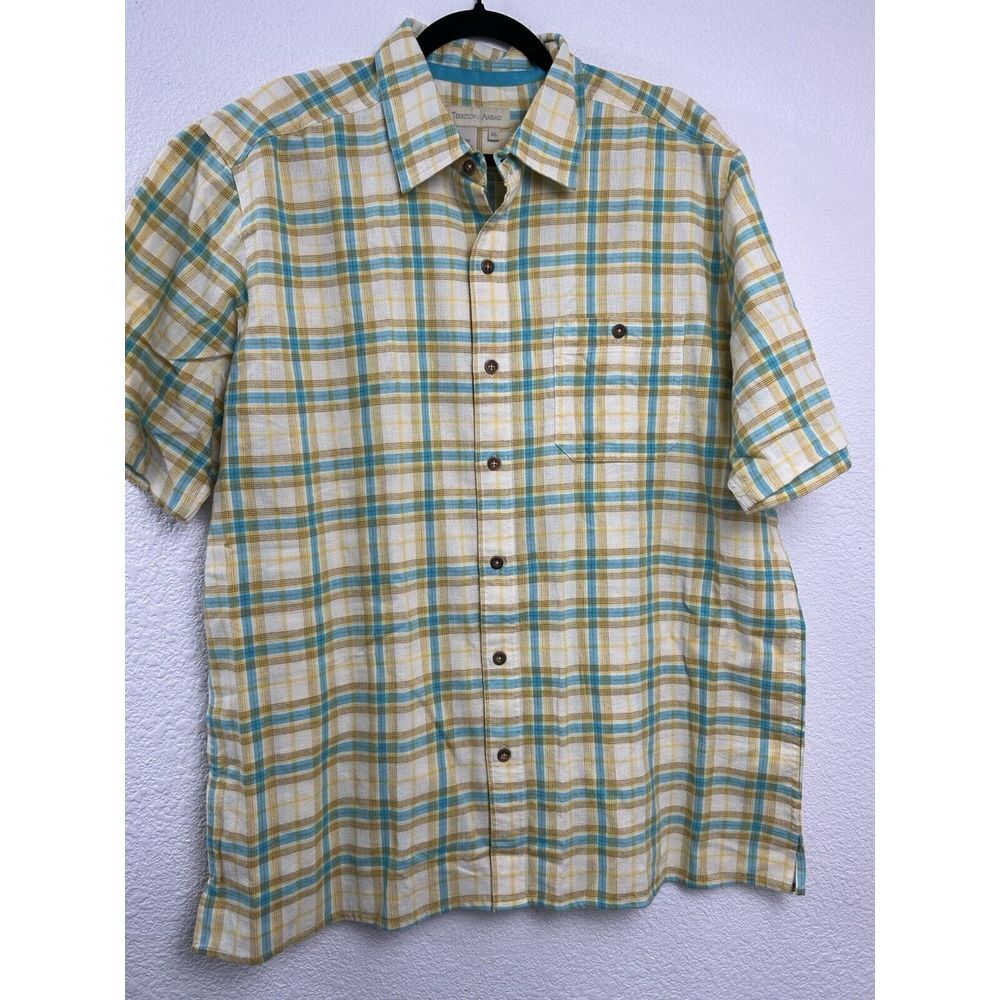 Territory Ahead Men's Size XL Striped Plaid 100% Cotton Button Up Shirt Yellow